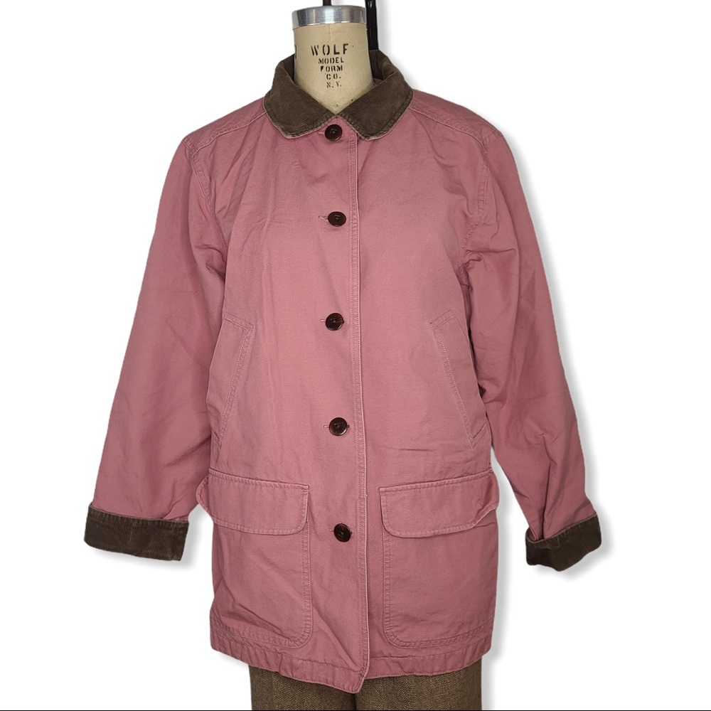 L.L. Bean pink canvas barn coat corduroy collar L